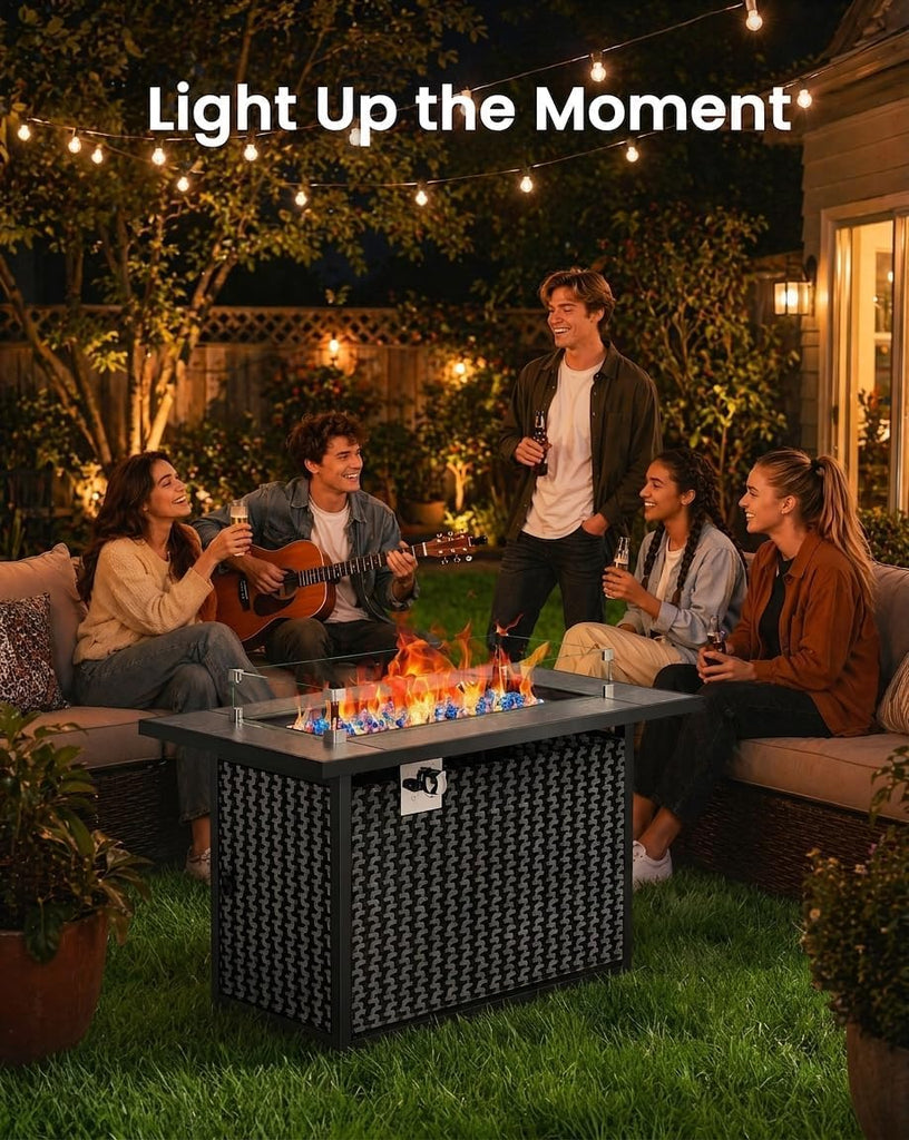 43′′ Fire Pit Table, Outdoor Propane Fire Pit Table with Premium Ceramic Tabletop, Glass Wind Guard, Lid, Glass Rock
