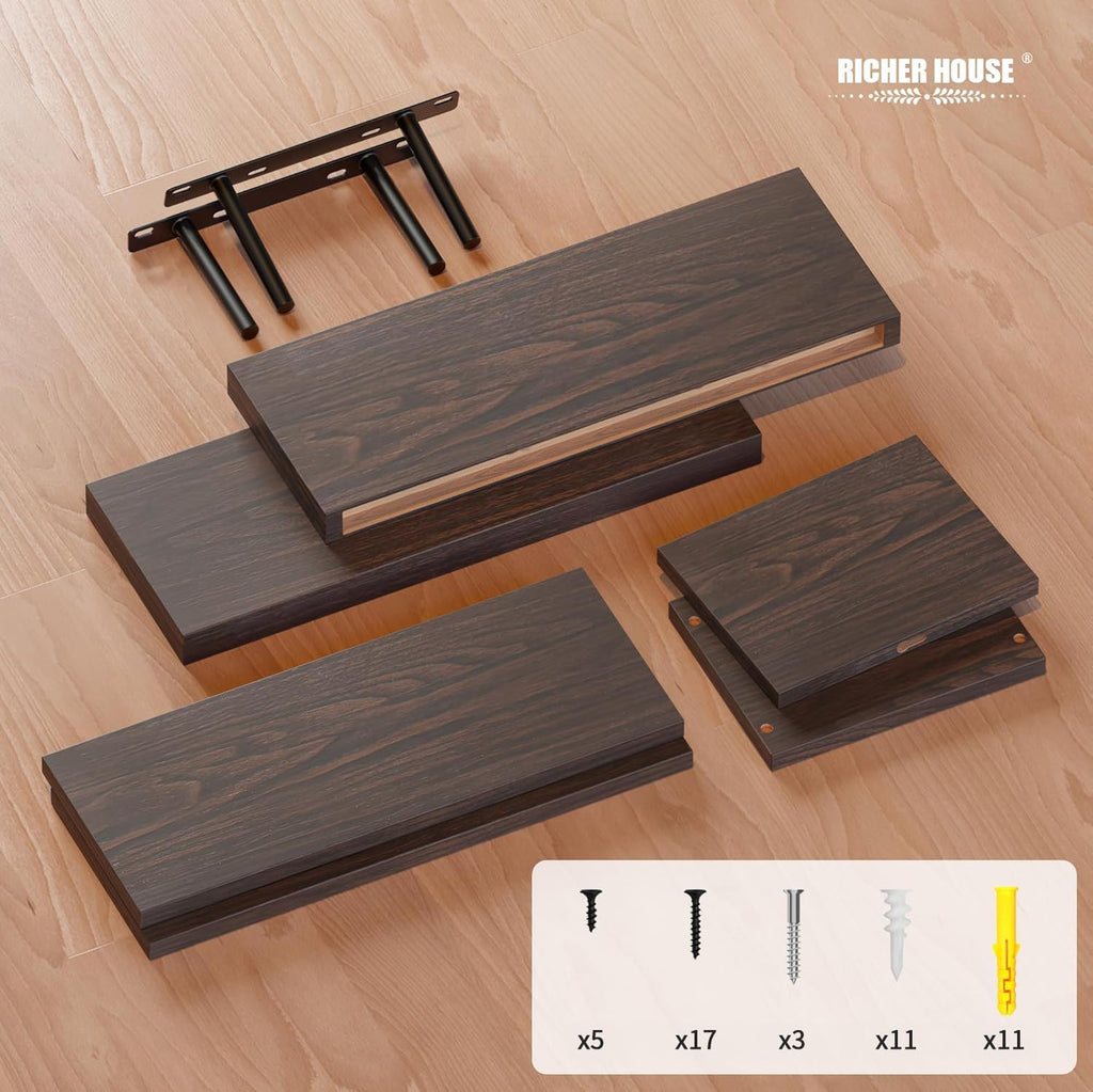 3-Set Walnut Floating Wall Shelves, Bathroom Shelf Over Toilet