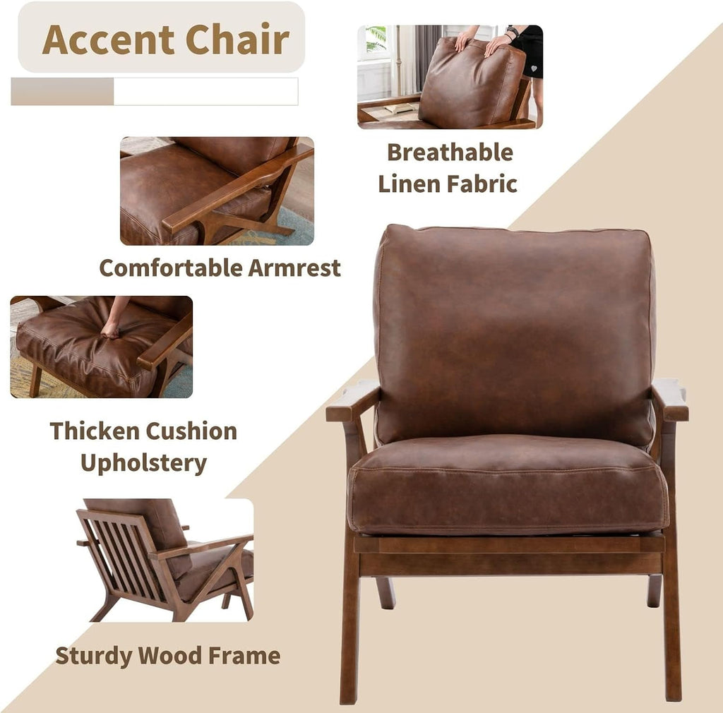 Mid Century Arm Chair, Retro Accent Armchair with Wood Frames & Faux Leather Upholstered Removable Cushions, Leisure