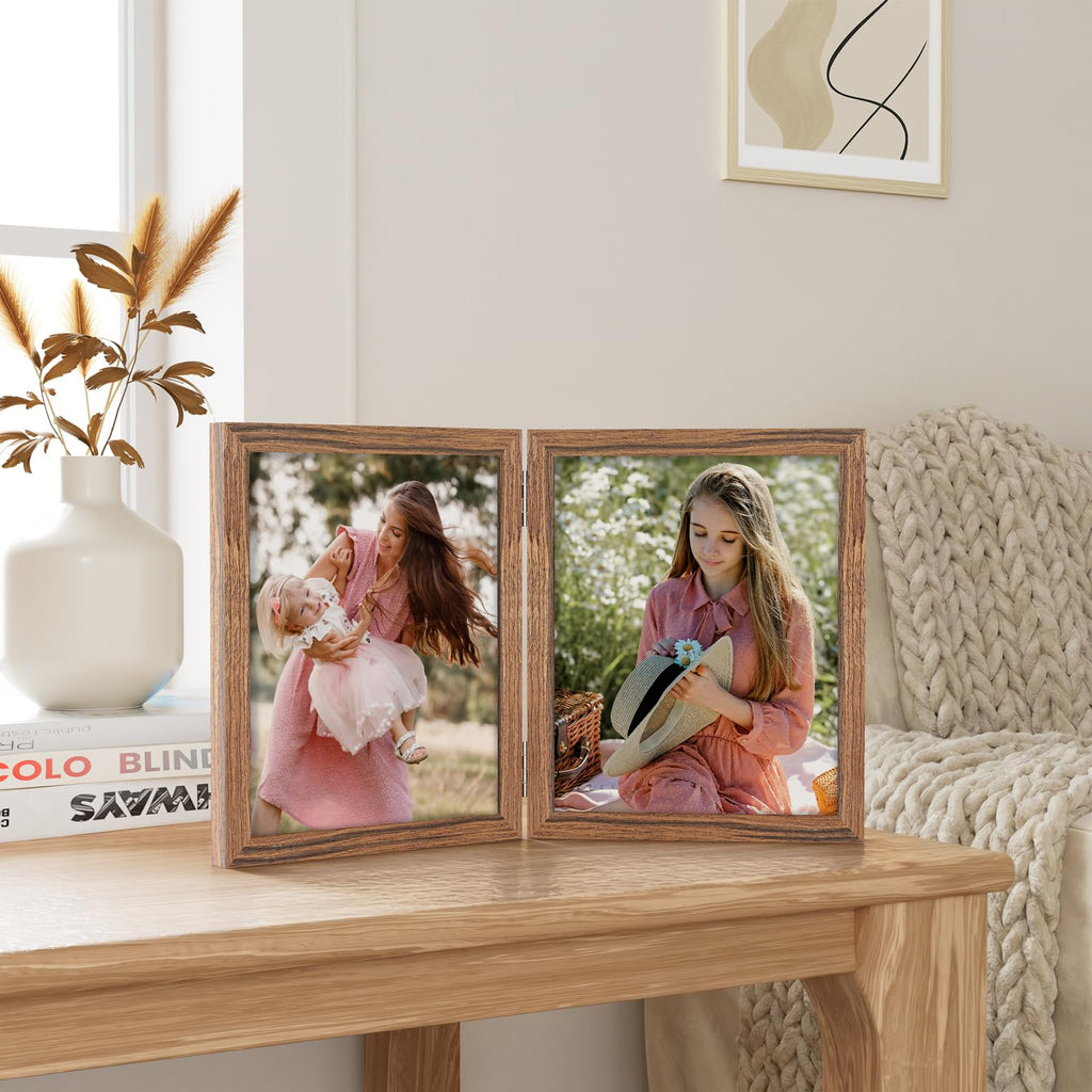 8x10 Double Picture Frame, Hinged 2 Photo Frames, Rosewood