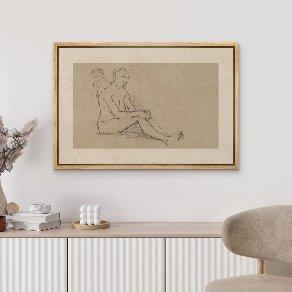 Framed Canvas Print Wall Art Seated Nude Figure Sketch Minimalist Vintage Charcoal Illustrations Fine Art Decorative