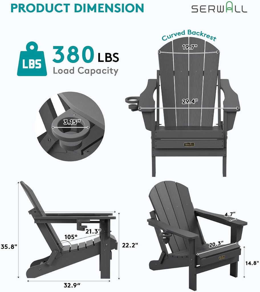 Folding Adirondack Chair with Cup Holder, Fire Pit Chairs - Gray | Foldable Adirondack Chairs for Outdoor