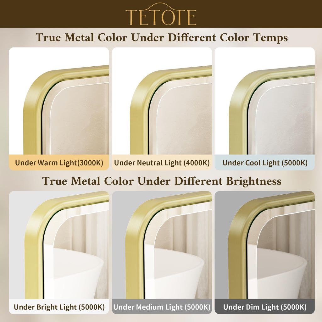 Brushed Gold Mirrors for Wall 30 x 36 Beveled Edge Tempered Glass, Rounded Corner Rectangle Framed Mirror for Modern