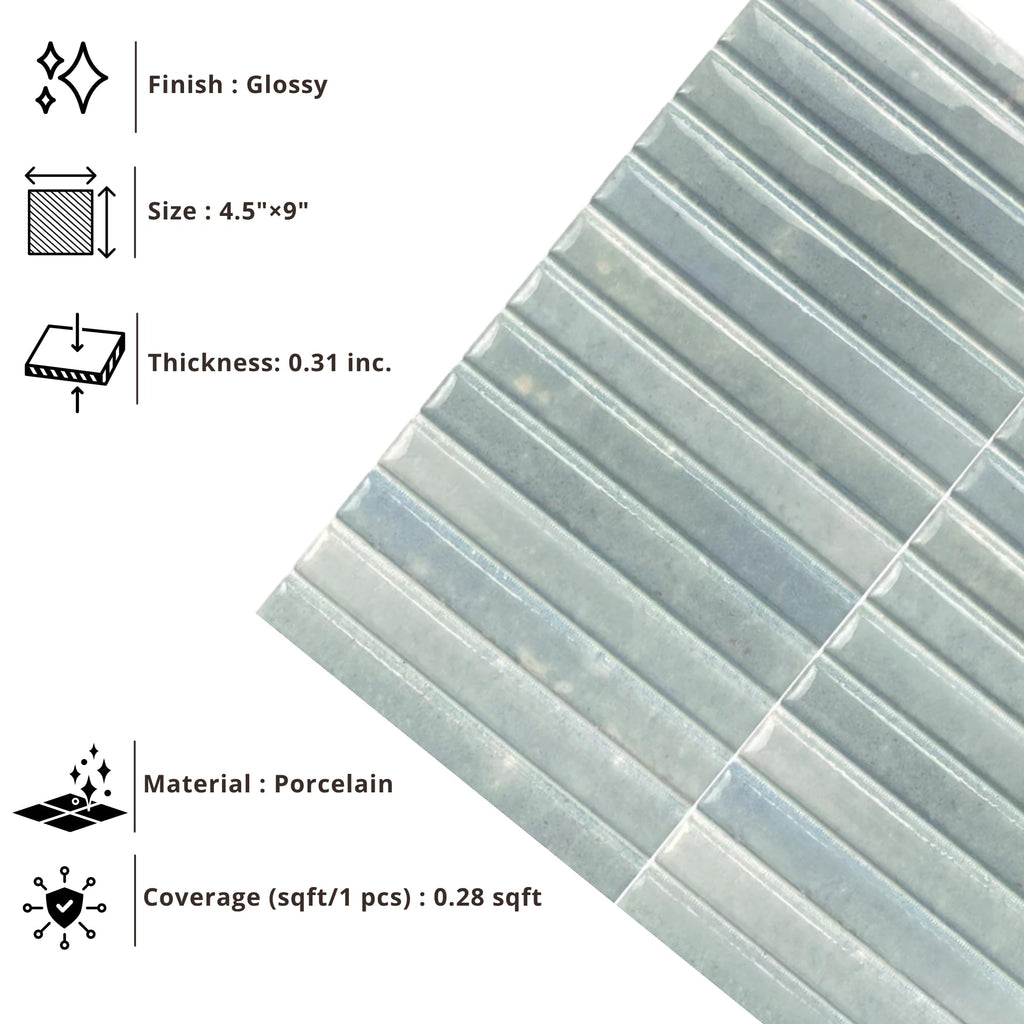 Scandia Glossy Ice Blue 4.5x9 Ribbed Porcelain Wall Tile, 3D KitKat Fluted Decorative Tile Backsplash, Bathroom