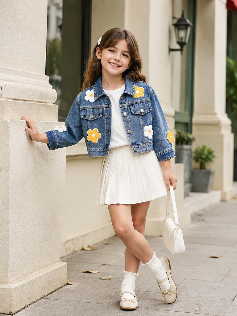 Girls Denim Jacket Cropped Jean Jacket for Toddler Kids