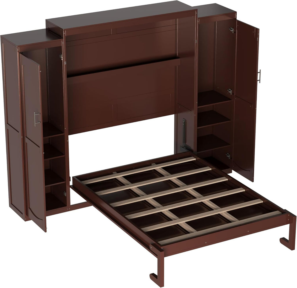 Full Murphy Bed Wall Cabinet with 2 Wardrobe & Storage Shelf, Wood Foldable Platform Bed Frame for Guest Room