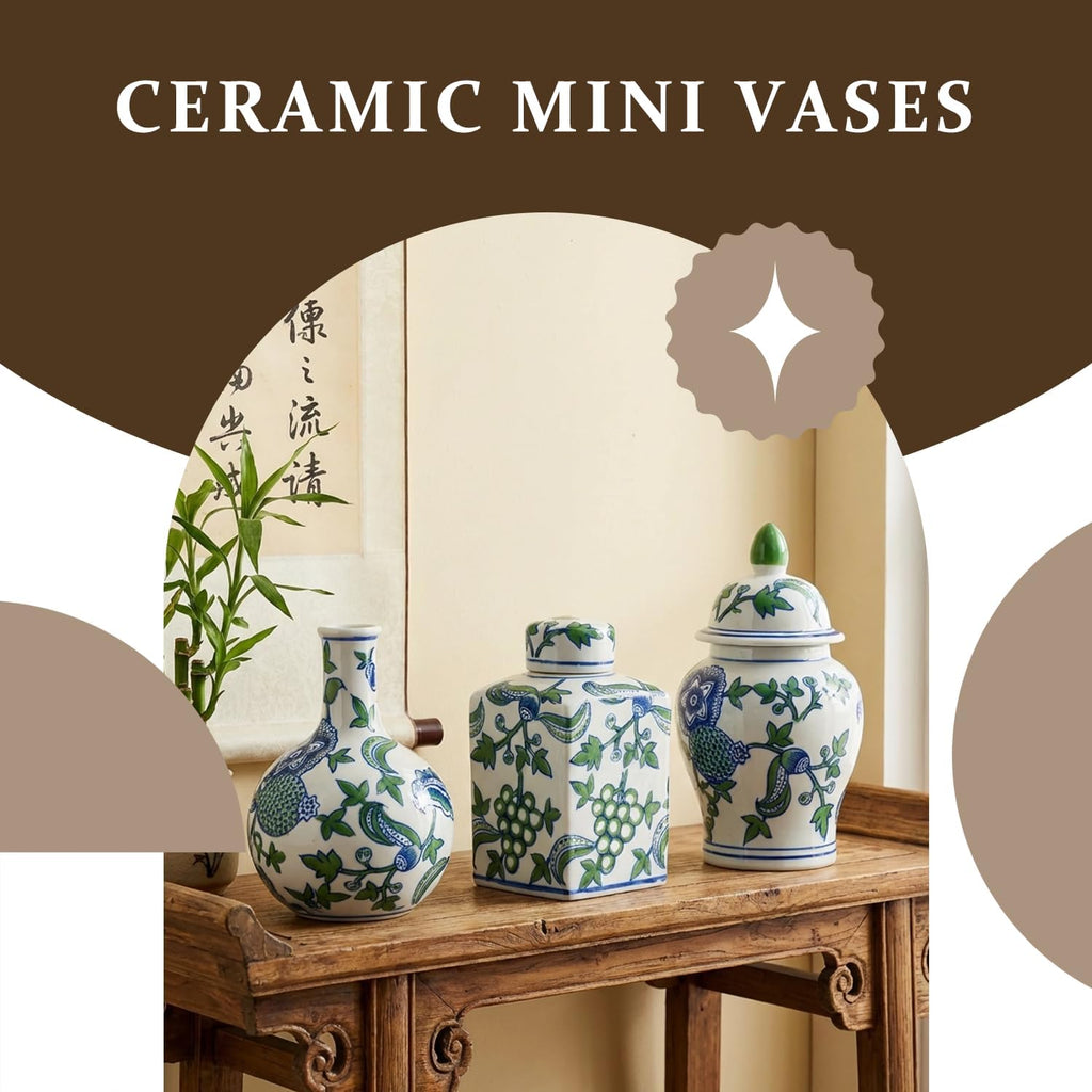 Porcelain Ginger Jar, Chinoiserie Vase Living Room Console Table Accent, Shelf and Tabletop Decor, Green - Set of 3