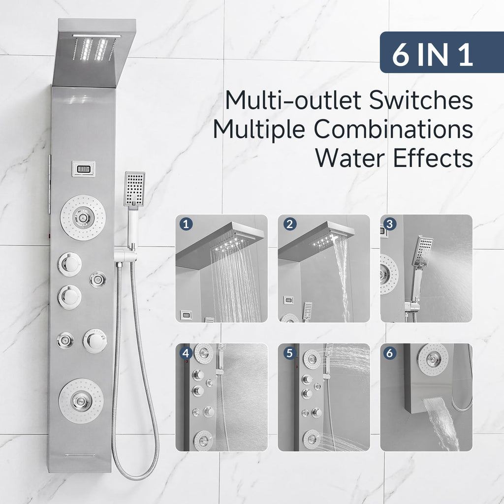 Nickel and Chrome 6 in 1 Shower Panel Tower System Rainfall Shower Panel