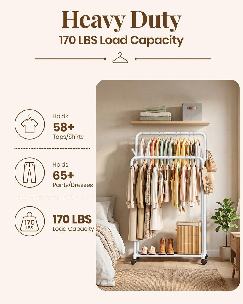 Double Rods Clothing Rack for Hanging Clothes, Portable Wardrobe Closet Rack, Metal Garment Rack with Rolling Wheels