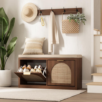 Rattan Narrow Entryway Bench with Shoe Storage, 2 Flip Drawers & Coat Rack, Mid-Century Modern Wood Shoe Cabinet with