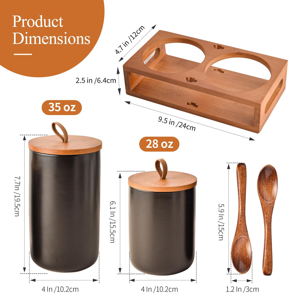 Black Ceramic Canister Set of 2 with Bamboo Lids, Wooden Stand & Spoons - 35oz & 28oz Airtight Food Storage Jars for