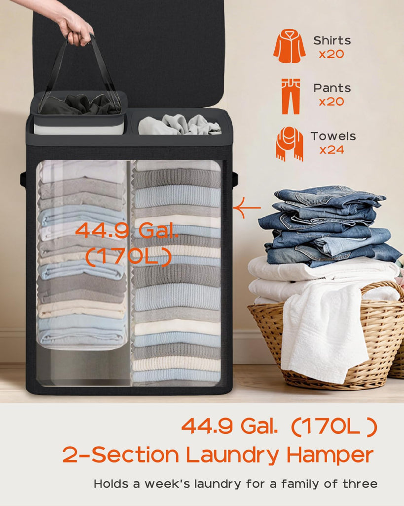 Laundry Basket with Lid, Laundry Hamper 2 Section, 170L collapsible Laundry Organizer, Easy Assembly, with Handles