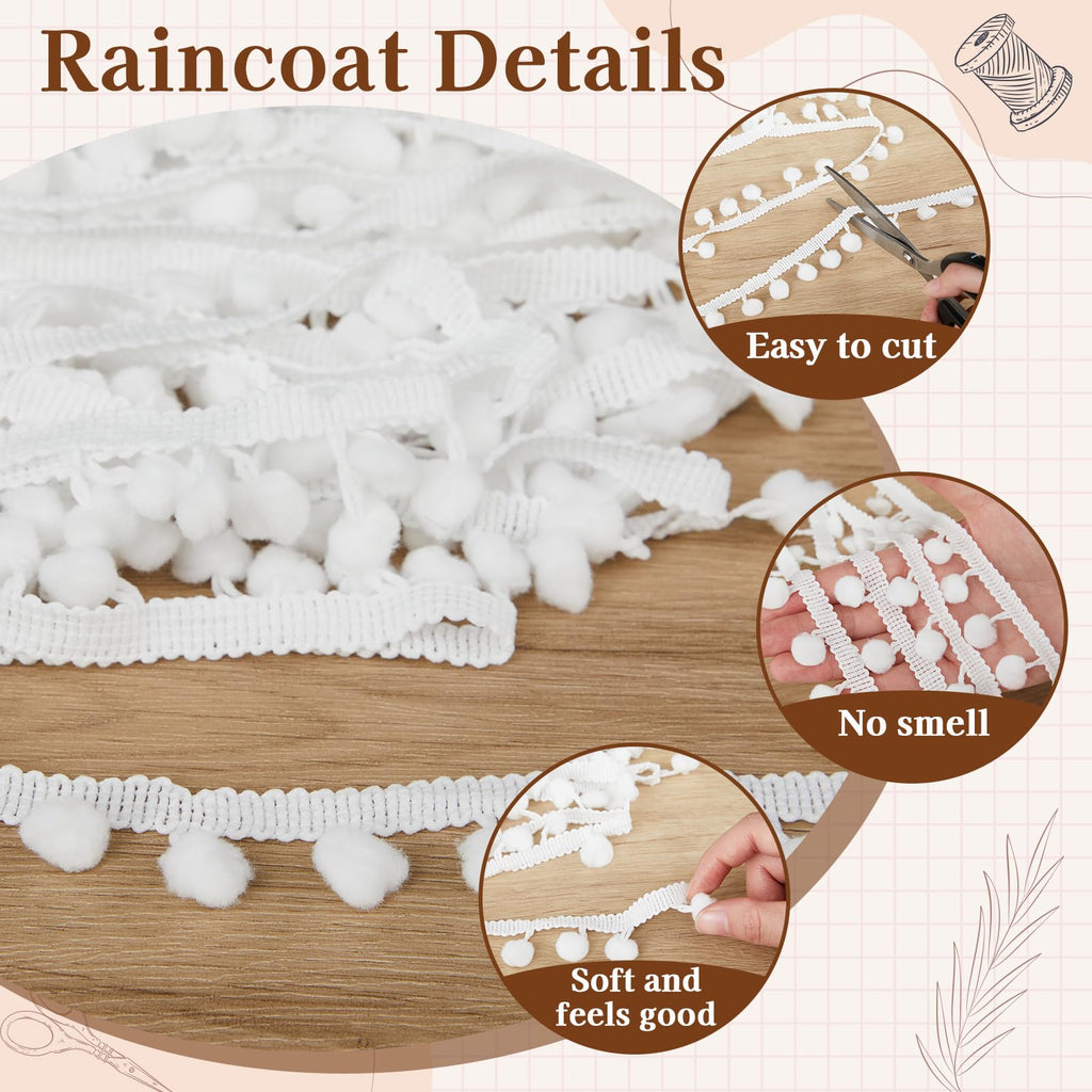 Pom Pom Trim Ribbon, 0.79" Wide, 10mm Balls, White - 30 Yards