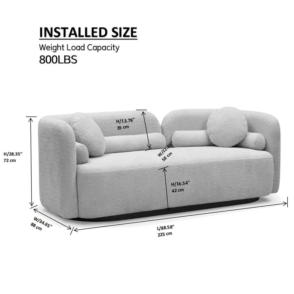 Japandi Minimalist Curved Sofa, 88.5", 3-Seater, Solid Wood, Bouclé, White