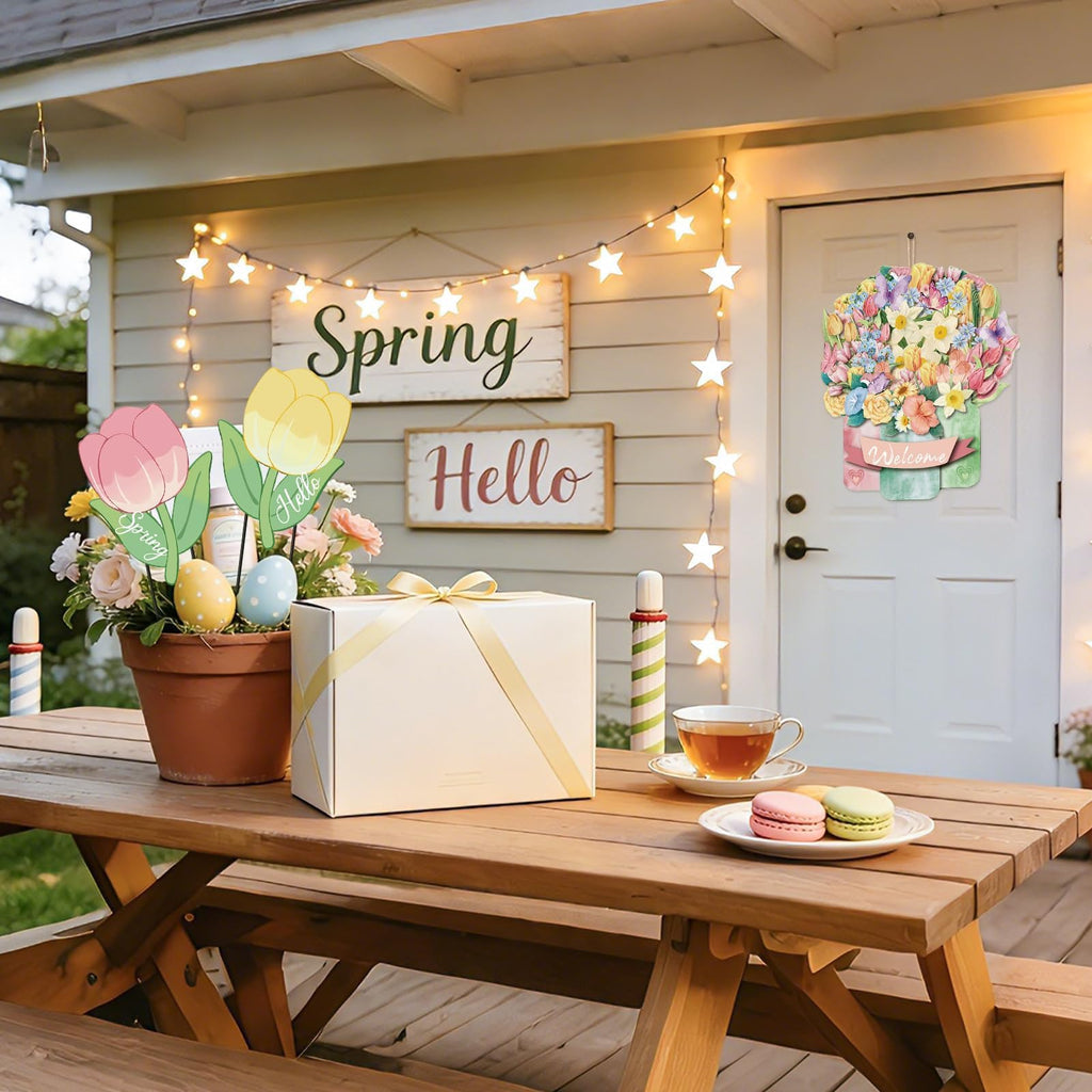 3Pcs Hello Spring Welcome Flower Yard Stakes Metal Floral Outdoor Decor, 2-in-1 Decorative Tulip Flower Sign for