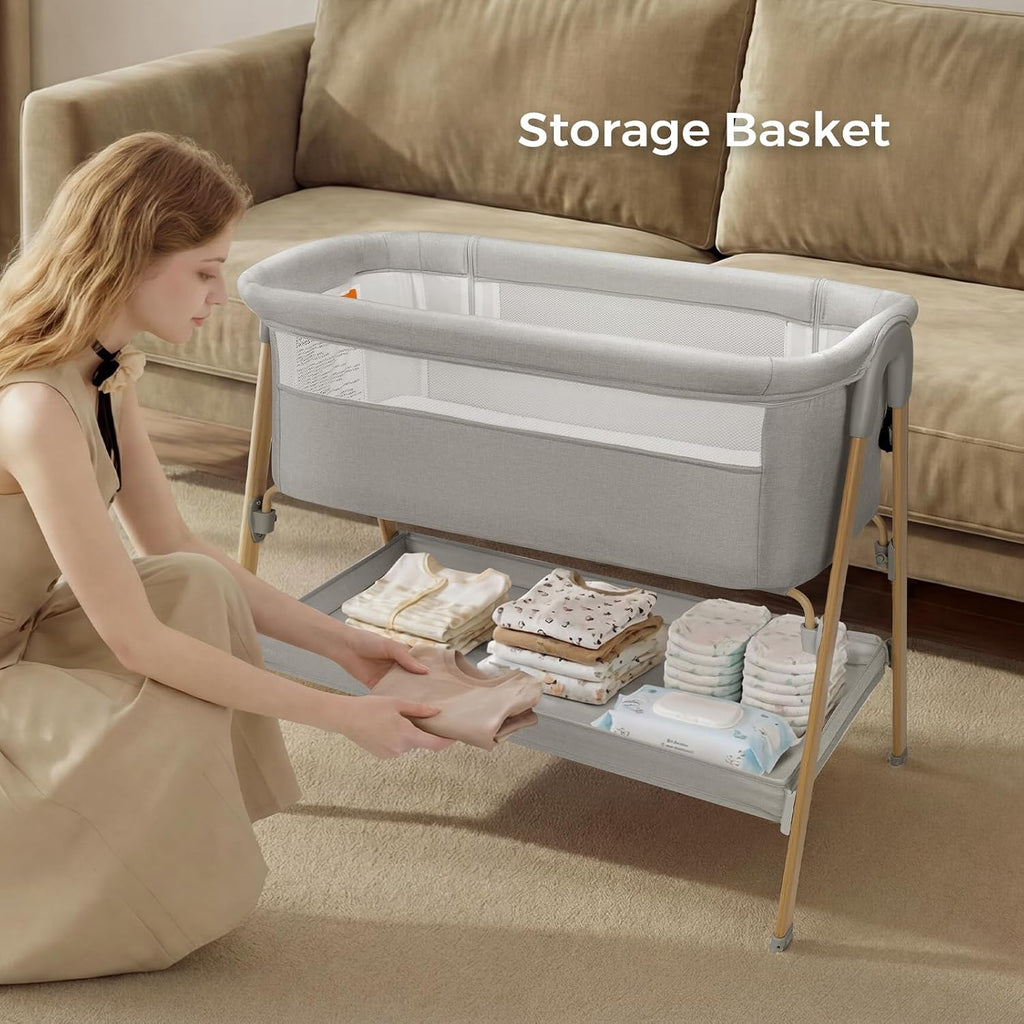 Baby Bassinet, Bedside Bassinet for Baby, 2-in-1 Bedside Sleeper with Mattress, Half-Mesh Breathable Design, 4