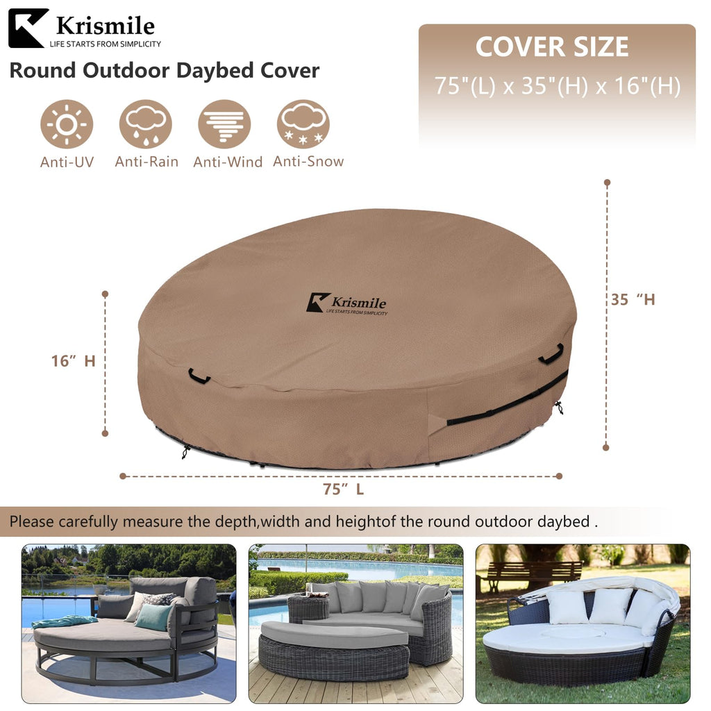 Heavy Duty 600D Waterproof Outdoor Daybed Cover for 75" Round Patio Sofa - UV-Resistant All-Weather Protection