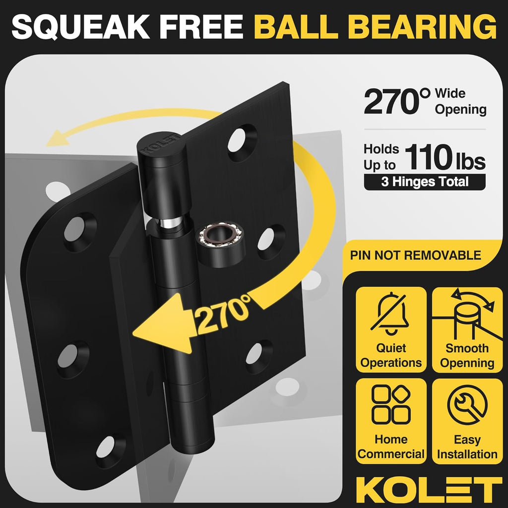 Ball Bearing Door Hinges, 3.5 x 3.5 Inches Black Front Door Hinges, Heavy Duty Stainless Steel Hinges