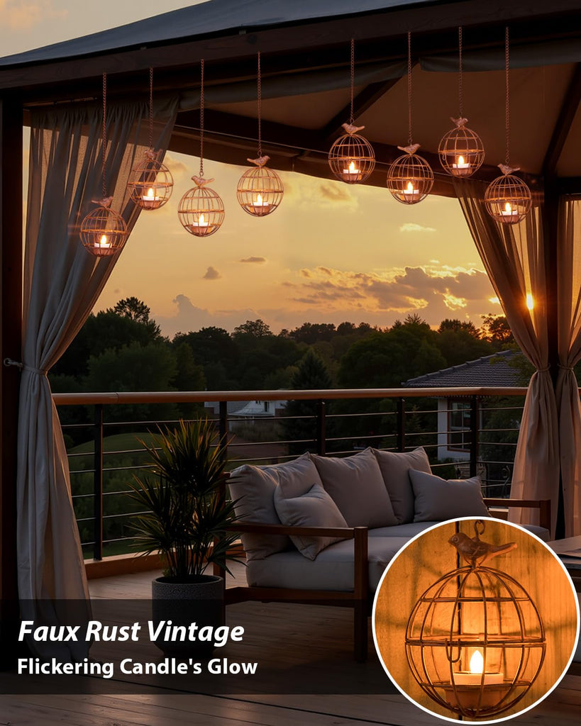 Outdoor Solar Hanging Lantern Lights, 4 Pack Rustic Ball Birdcage Hanging Candle Holder with Solar Tea Lights