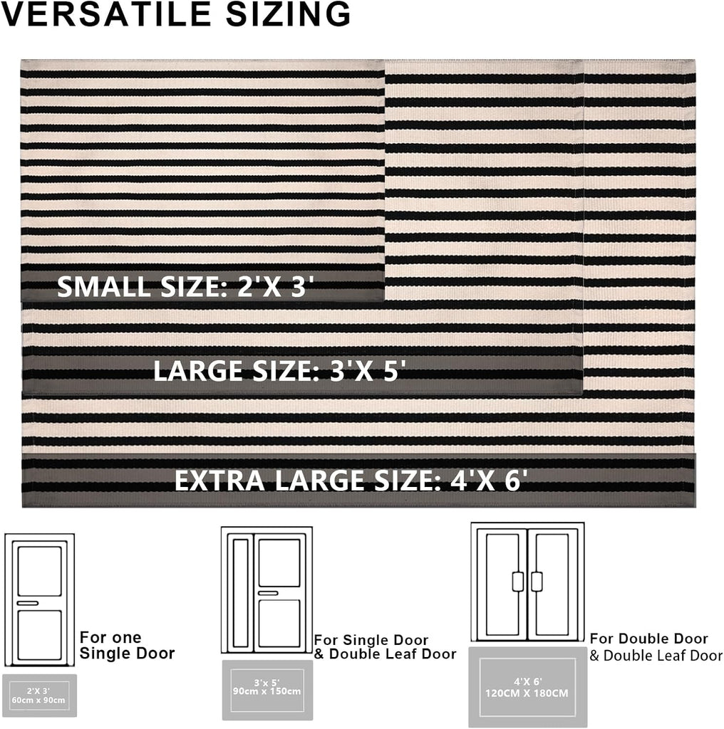 Black and Ivory Striped Area Rug, Cotton Woven Farmhouse Rug and Covered Porch, Reversible Washable Modern