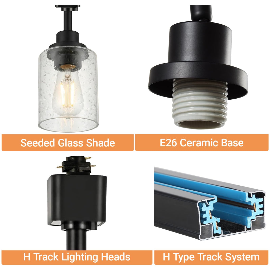 H Track Lighting Heads, Black Track Lighting Fixtures Ceiling with Seeded Glass Shade, H Type Track Lighting