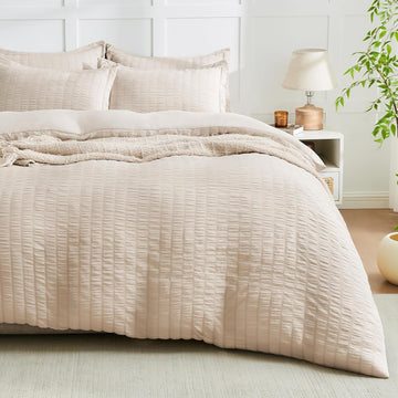 Beige Duvet Cover Queen, Super Soft Seersucker Queen Duvet Cover Set, 3-Piece Lightweight Duvet Cover with Zipper