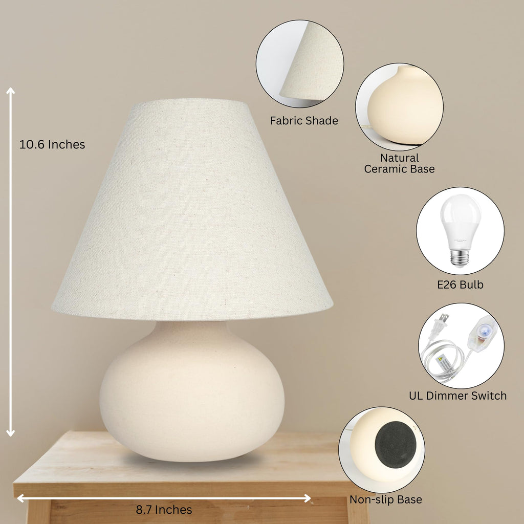 11" Small Table Lamp - Handmade Round Ceramic Cream Base with Off-White Fabric Shade, Dimmable Plug-in Nightstand or
