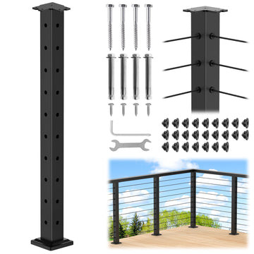 36" Cable Railing Corner Post(Post 35"x2"x2"), L-Drilled Corner Post with Flat Top Mount, Stainless Steel Black