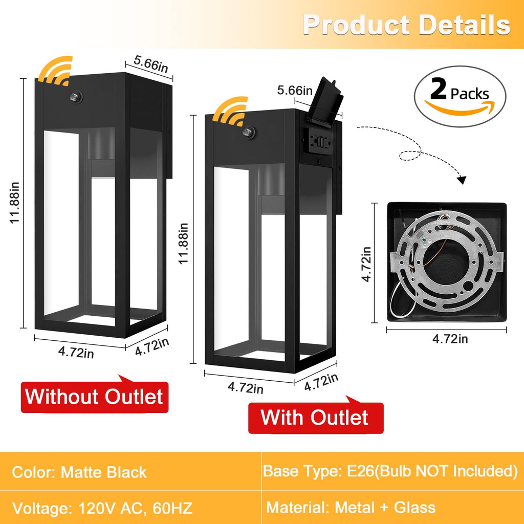Porch Lights with Outlet, Dusk to Dawn Outdoor Light, 2-Pack Black