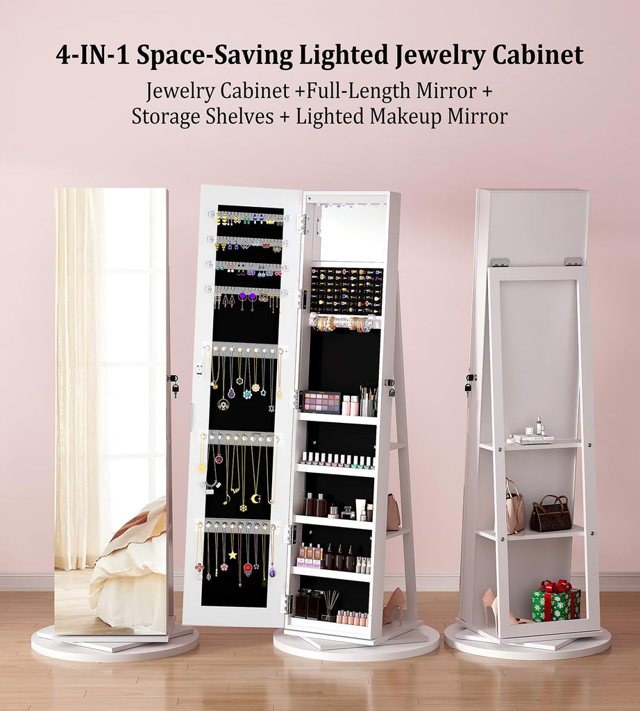LED Jewelry Cabinet Standing with Frameless Full-Length Mirror, White