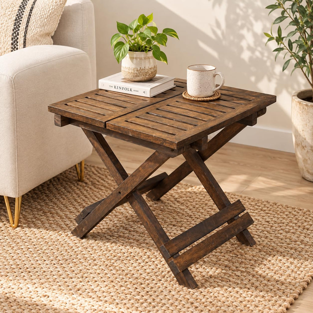 Coffee Table in Solid Wood, Foldable, Picknic Table18x18x18", Burnt Finish