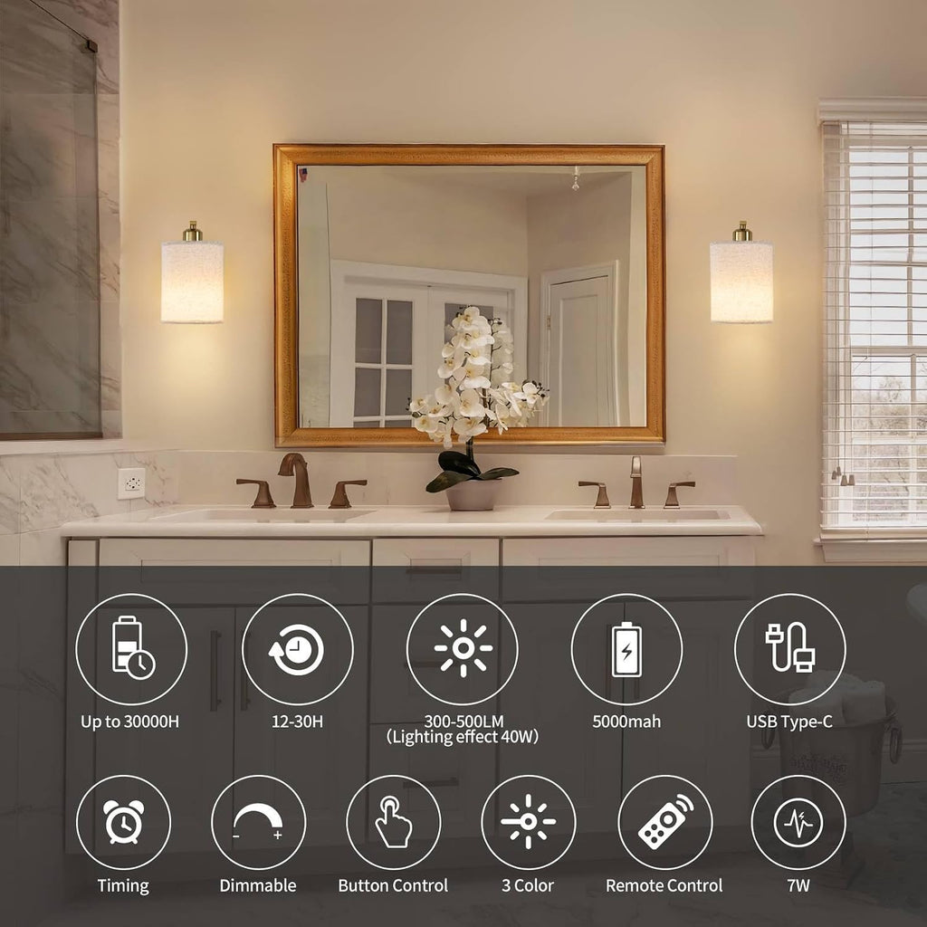 Gold Rechargeable Wall Sconces Set of 2 with Remote, Wireless Battery Operated Dimmable LED Wall Lights, Cordless