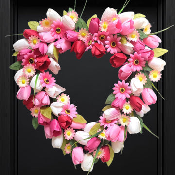 Valentine's Day Heart Shaped Tulip Wreath, 20 Inch Pink White Tulip Floral Wreath for Front Door, Artificial Flower