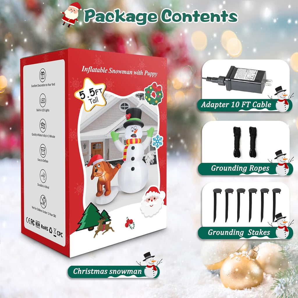 5.5 FT Inflatable Snowman with Puppy Dog, Christmas Outdoor Yard Decoration, Blow Up Shocked Snowman with Peeing