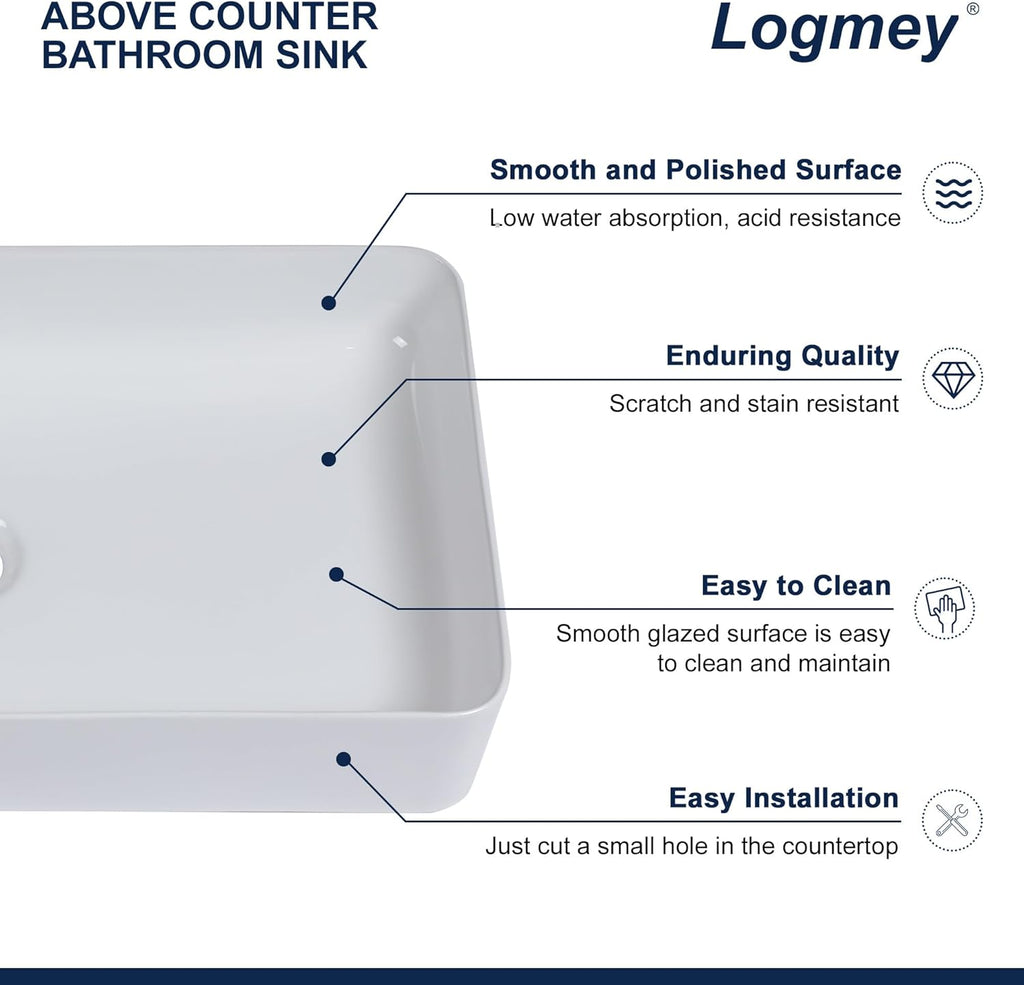 24" Bathroom Sink Dorp in 24x14 Large White Vessel Sink for Bathroom Porcelain Rectangule Ceramic Modern