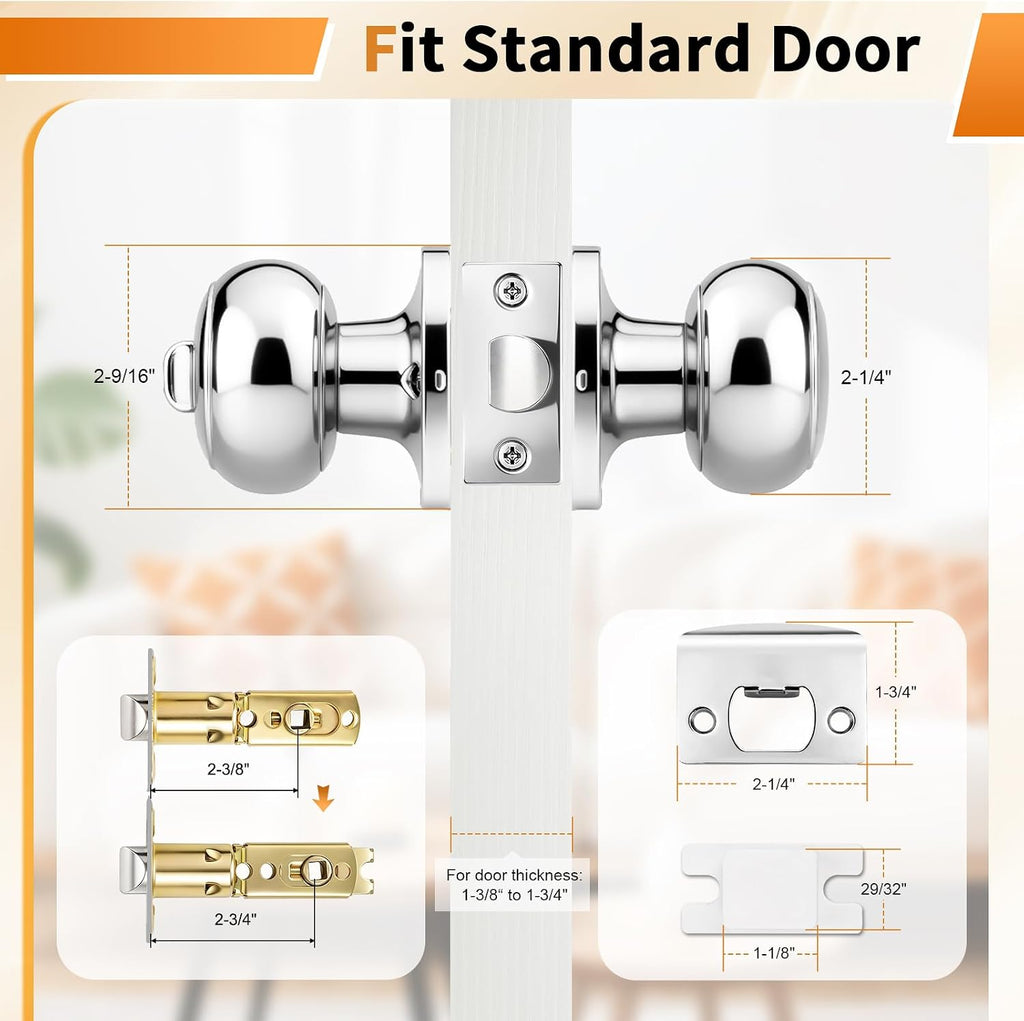 Polished Chrome Privacy Door Knobs, Interior Door Lock Bedroom, Keyless Round Ball Knob Handle, Thumb-Turn Locking, 5
