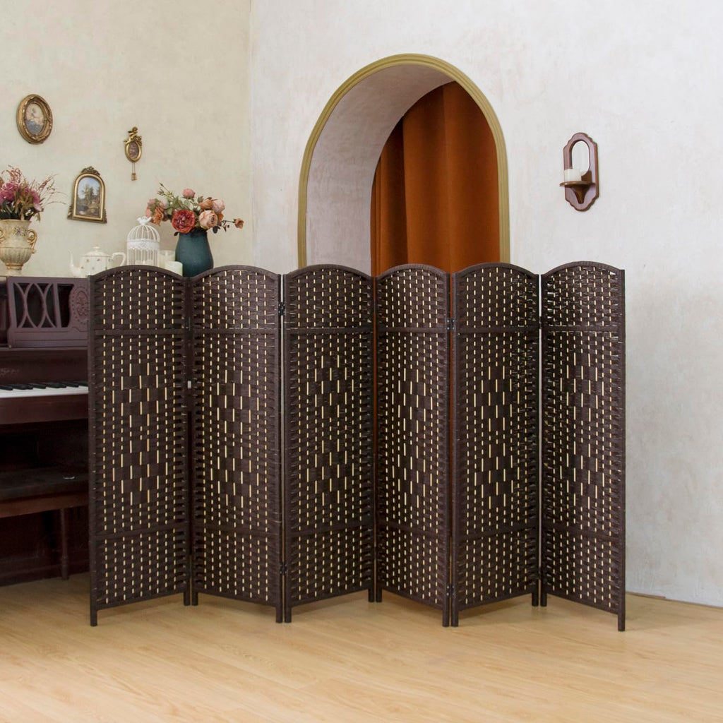 Compact 6 Panel Short Room Divider, 47.2 Inch Tall Double-Sided Rattan Folding Privacy Screen, Dark Brown