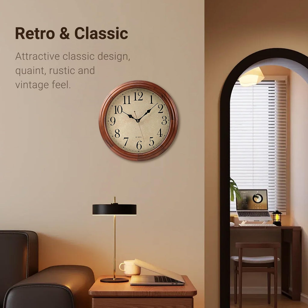 16 Inches Wooden Wall Clock with Retro Design, Large Round Wood Wall Clock with Big Arabic Numerals, Battery Operated