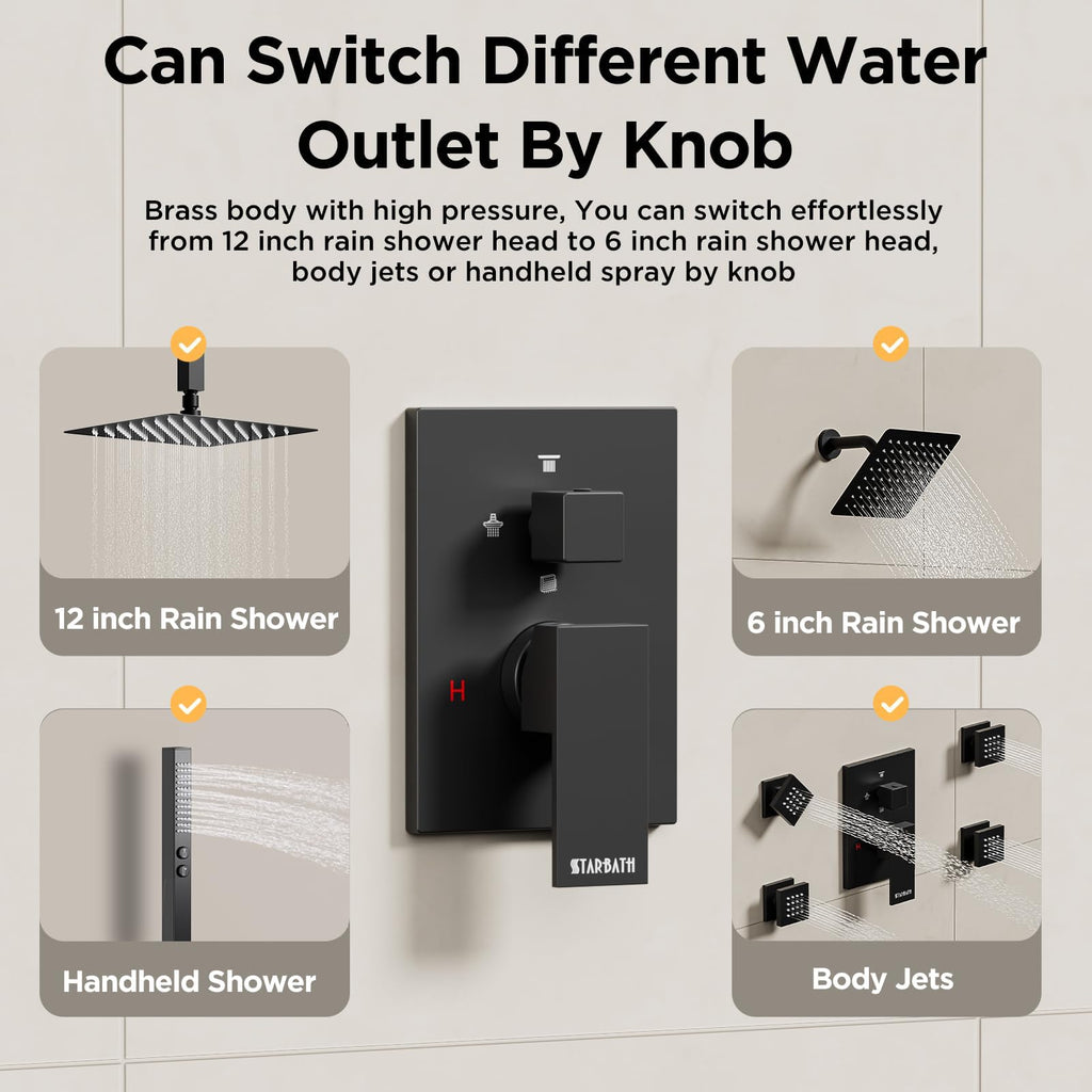 Shower System with Body Jets Matte Black, 4 Way 12+6" Shower Faucet Sets Complete with 2 in 1 Handheld,Ceiling