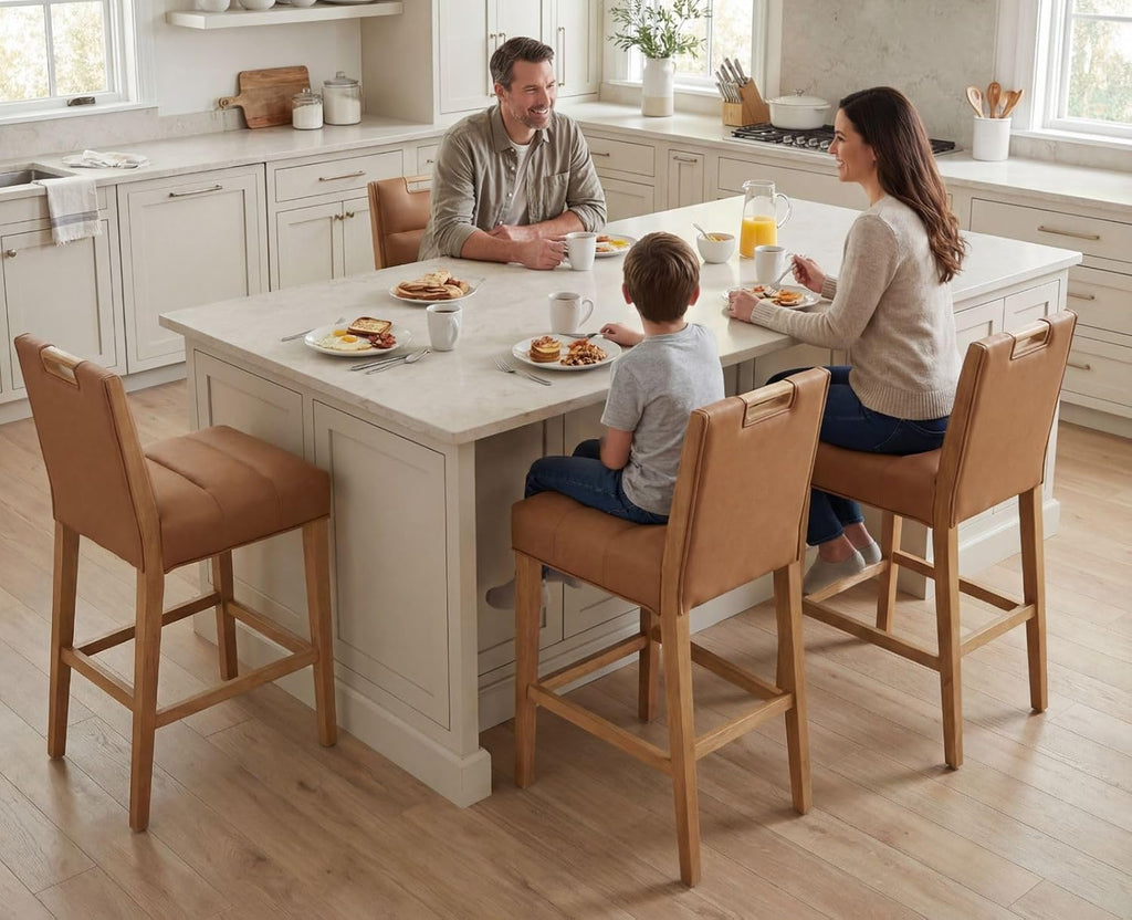 26 Inch Upholstered Modern Bar Stools Set of 3, Wooden Counter Height Barstools with 5" Thick Padded Seat & Cushioned
