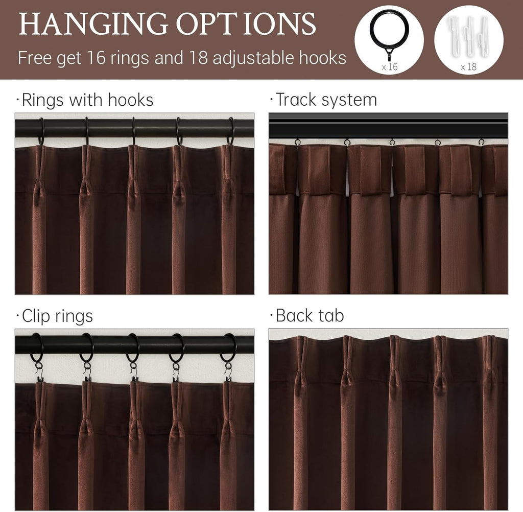Dark Brown Velvet Blackout Curatins 84 Inches 2 Panels Heavy Thick Vintage Luxury Pinch Pleated Curtain Drapes with Hooks Rings for Living Room Bedrooom,Chocolate Home Decor,W60xL84