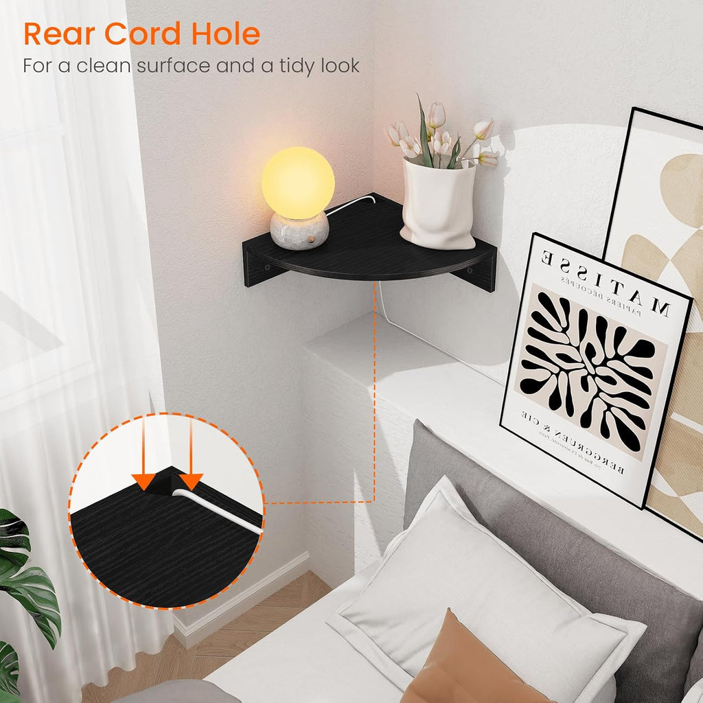 Corner Floating Shelves, Set of 3 Corner Shelves Wall Mounted with Cable Hole, 3 Tier Wooden Hanging Corner Storage