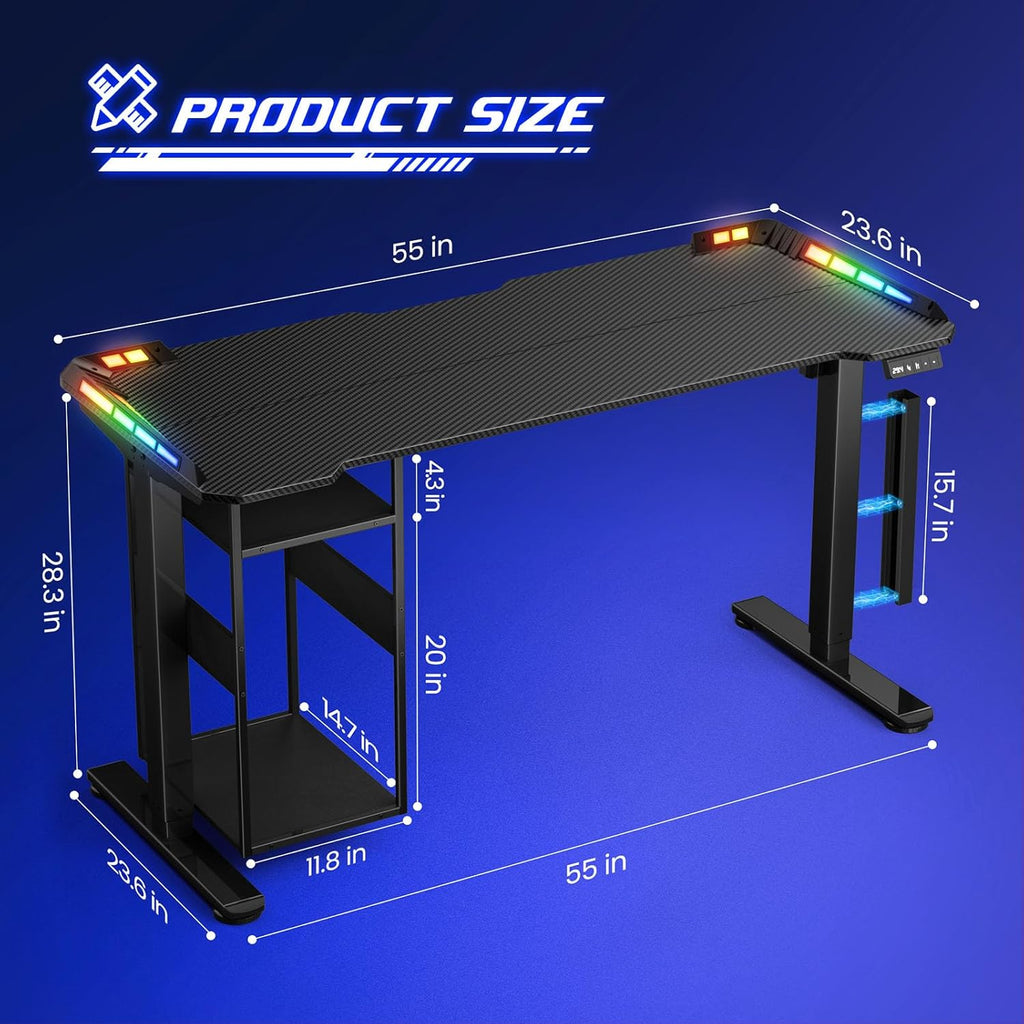 55" x 24" Electric Gaming Standing Desk with LED Lights & Host Shelf | Gaming Desk with Music Sensing APP Control