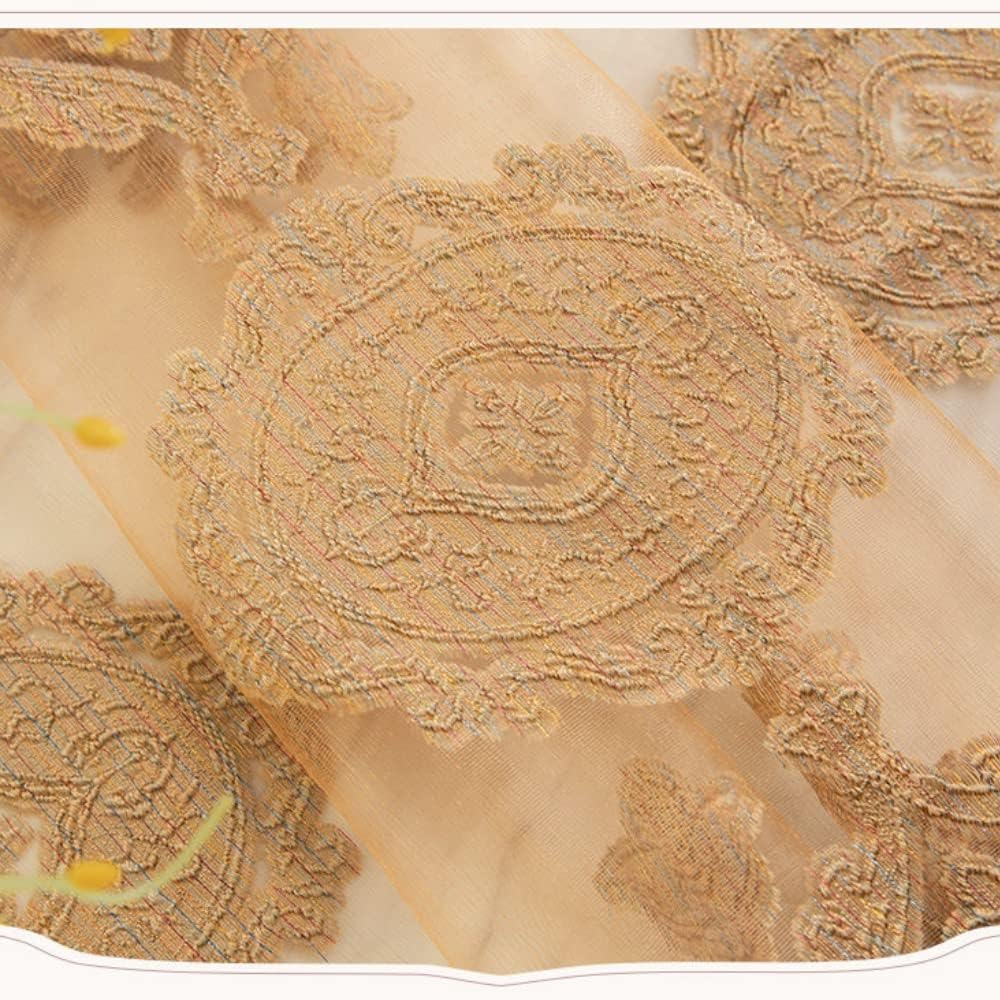 1 Pair Luxury European Sheer Curtains Hollow Embroidered Tulle Curtains for Bedroom Living Room (Gold,54x96 Inch)