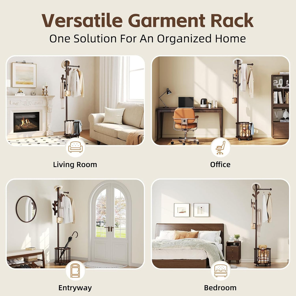 Freestanding Wooden Coat Rack with Umbrella Holder,Dark Walnut Coat Rack with Hooks, Space-Saving Entryway Organizer