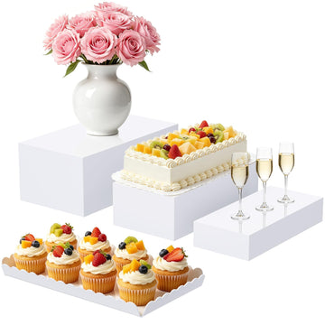 Buffet Risers, 4PCS Glossy White Acrylic Food Risers for Party Table, Rectangle Display Riser Stand with Hollow Box
