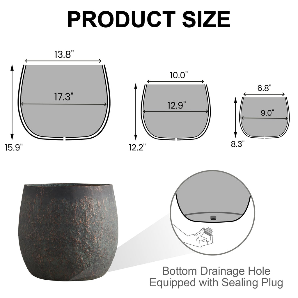 17.32"+12.99"+9.06" Weathered Bronze Rust Concrete Flower Pots