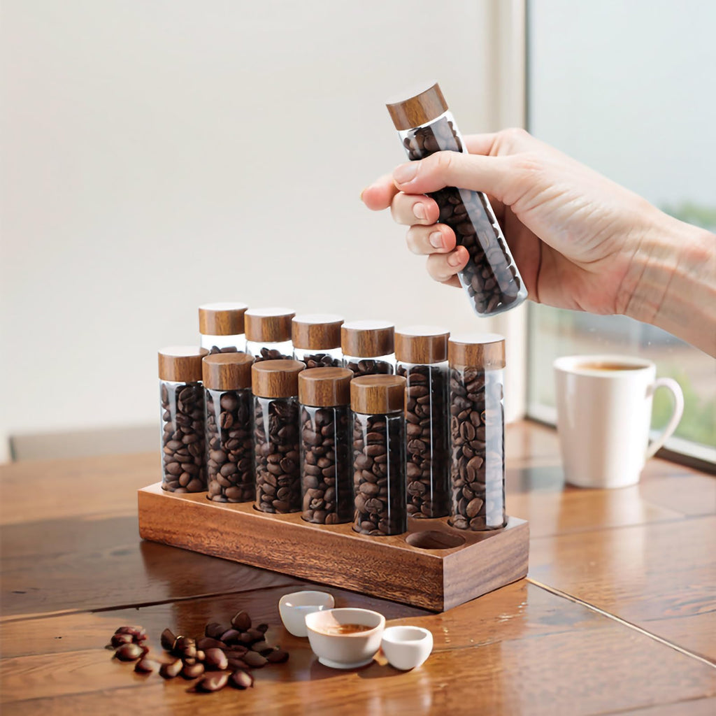 Coffee Bean Storage, Coffee Storage Container with Walnut Solid Wood Base, Coffee Bean Container, 12 Tubes Single Dose