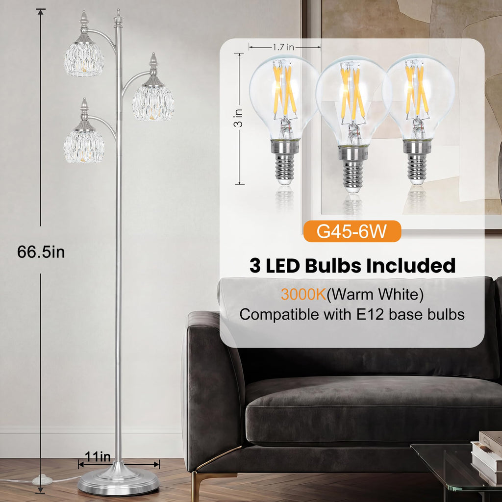Silver Floor Lamps Brushed Nickel Standing Lamp with Glass Shade 66.5in 3 Way Brightness Lights Mid Century Modern