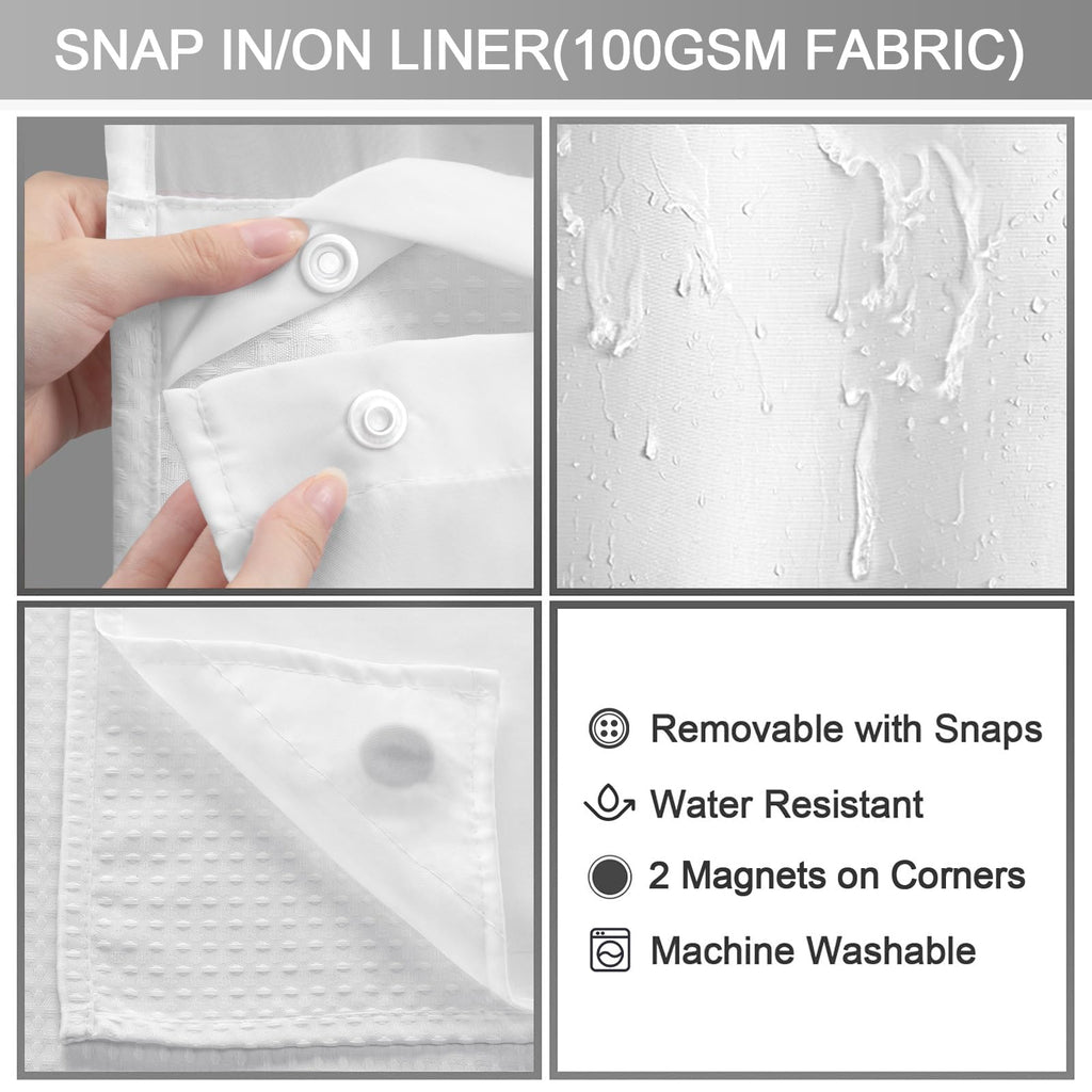 No Hook Shower Curtain with Liner Set Hotel Waffle Curtain White 48W X 75L